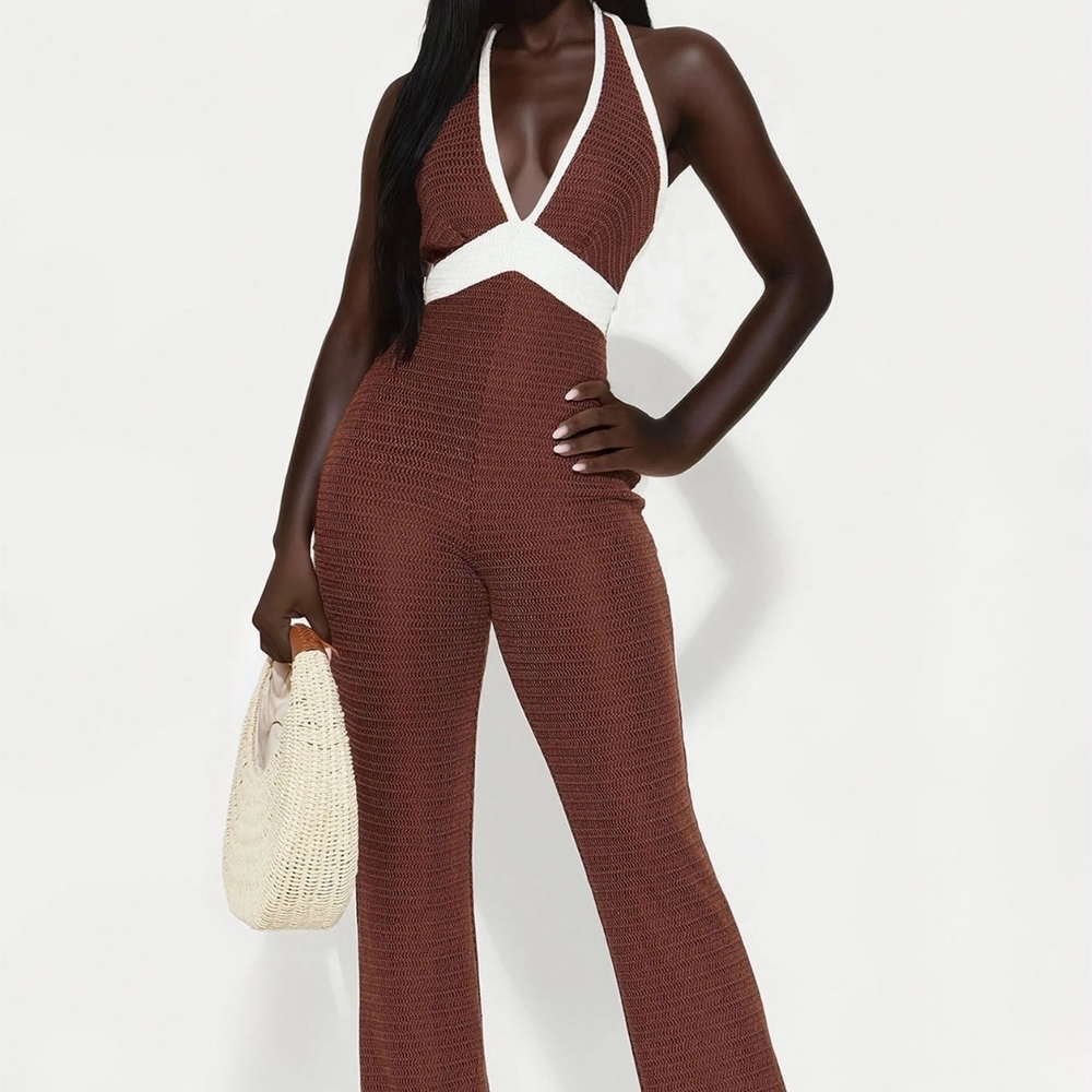 Fashion Nova Brown and White Halter Jumpsuit